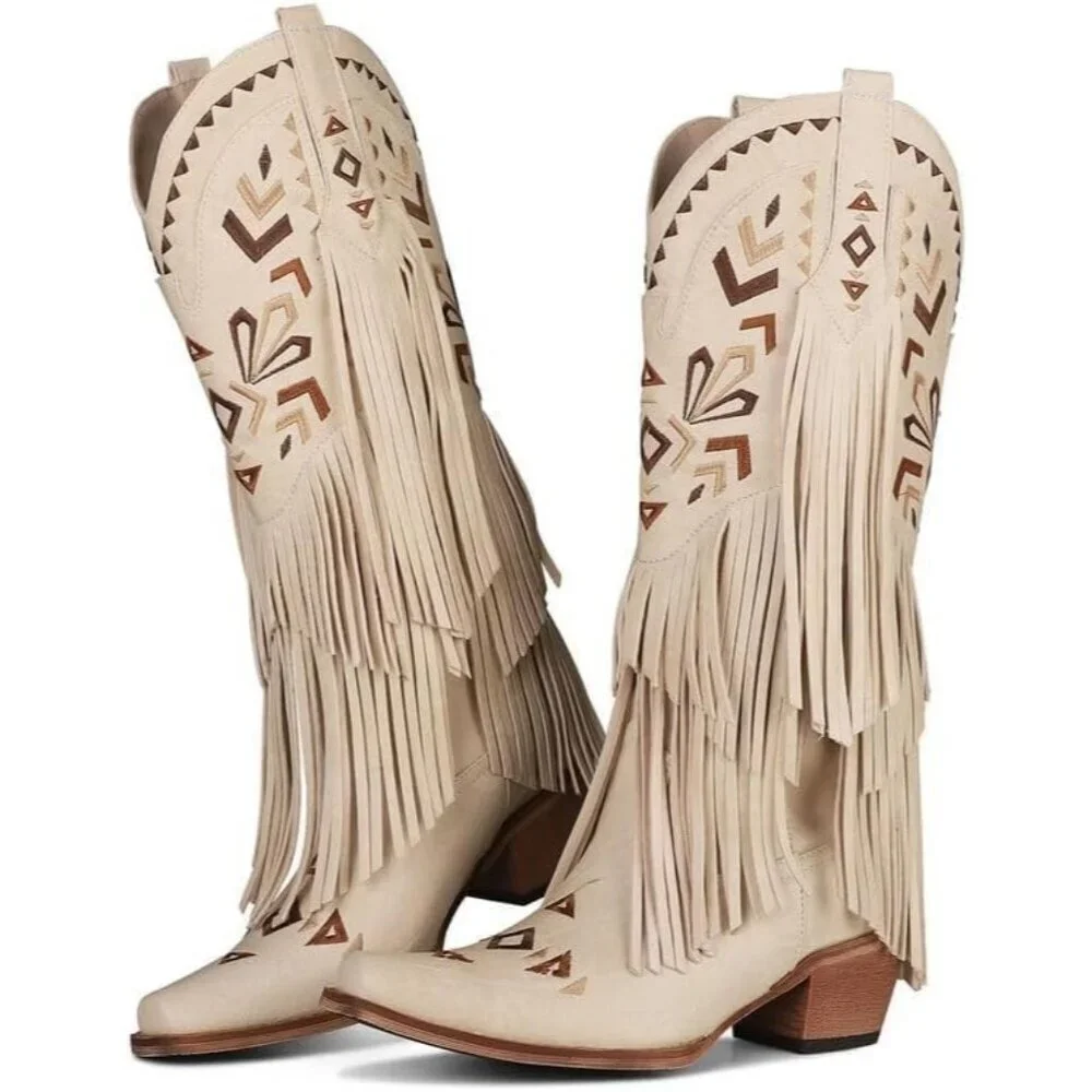 Cowboy Boots for Women Retro Pointed Toe Pull On Block Chunky Heel Embroided - Picture 5 of 7